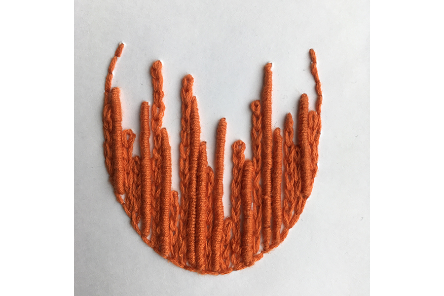 Image of brown yarn stitched on card stock. Columns rising up from a circular base might evoke a basket