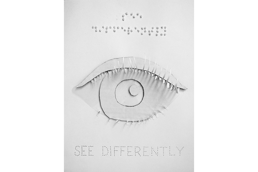 "See Different": an all-white poster with a cut-out of an eye and the words "see different" written in punched-out dots and in braille. 