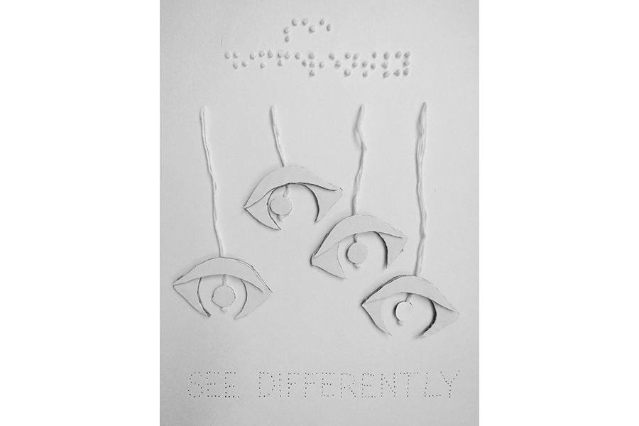 All-white poster with four cut-outs of eyes on strings, with the words "see differently" written in both punched-out dots and in braille. 