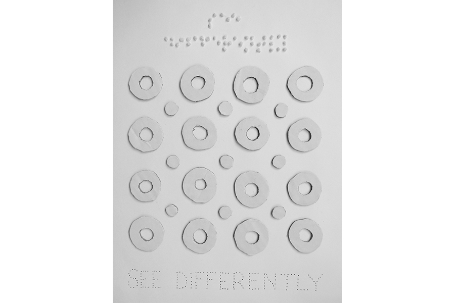 All-white poster with cut-outs of circles and donuts with the words "see differently" written in both cut-out dots and in braille. 