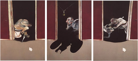 Bacon's "Triptych May-June 1973": three panels depicting a hunched-over figure boxed in by a shadowy doorway.
