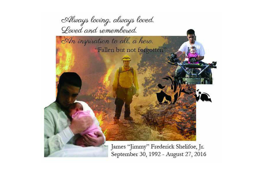 A collage of images showing Jimmy firefighting at center, holding a baby at bottom left, and on a motorcycle at top right. Text laid over the image reads "Always loving, always loved. Loved and remembered. An inspiration to all, a hero"