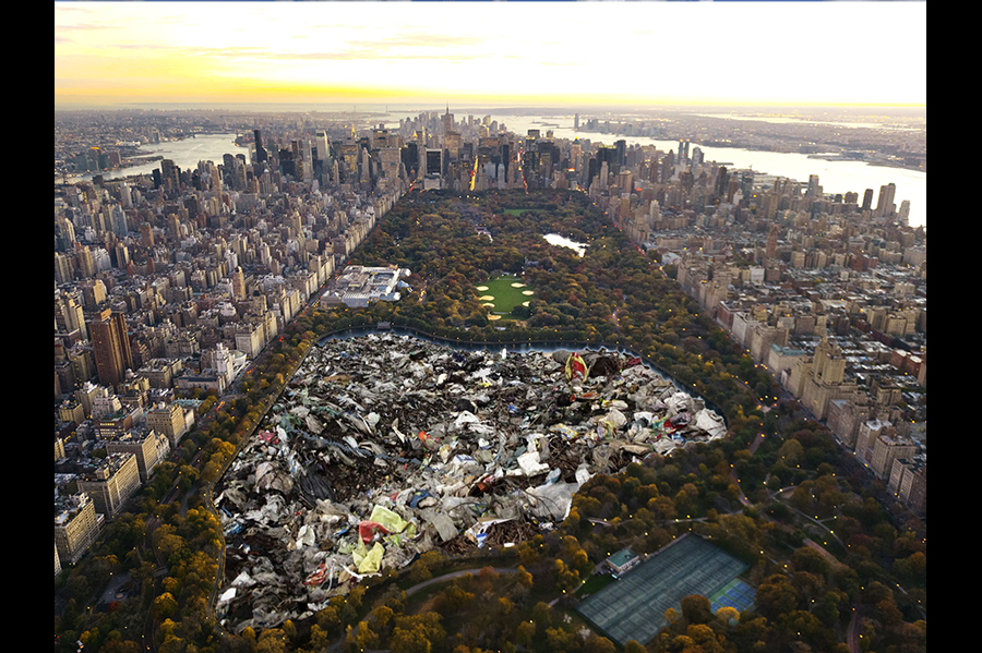An aerial view of Central Park, though with a large pile of waste occupying much of the middle of its landscape. 