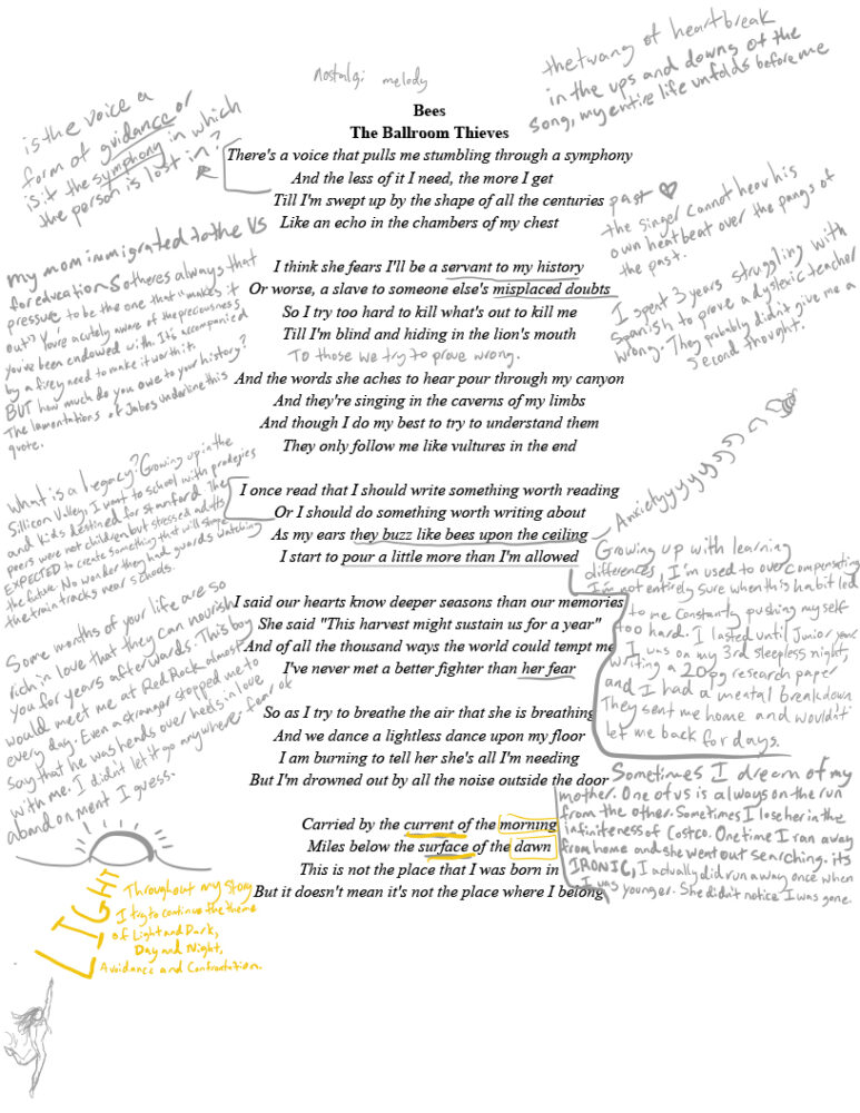 The lyrics to "Bees" by The Ballroom Thieves printed on computer paper, heavily annotated in pencil and yellow marker