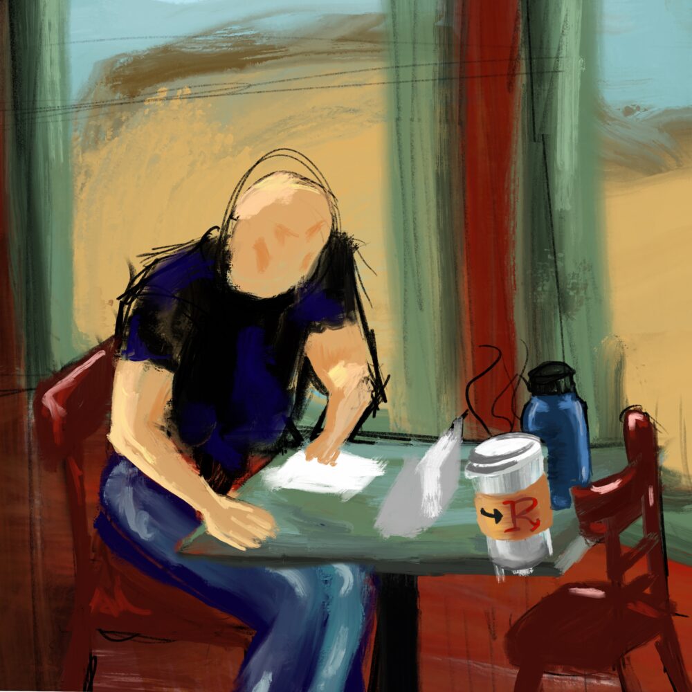 The cafe interior, focusing on a table where a patron leans over a manuscript, writing