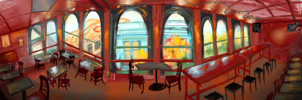 The interior of a cafe, painted in warm, red tones