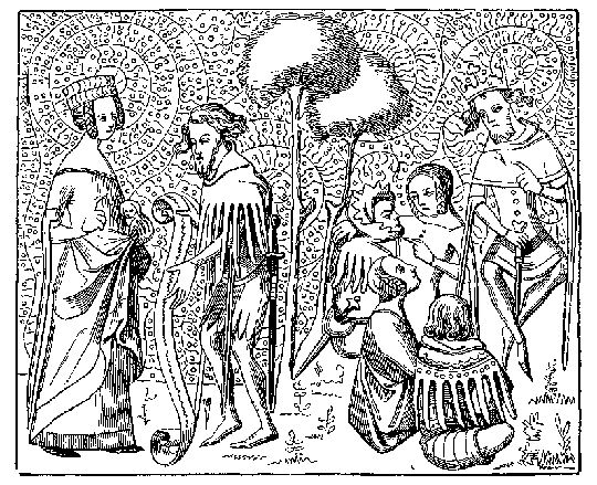 Black and white drawing depicting members of the Court of Love in Provence in conversation