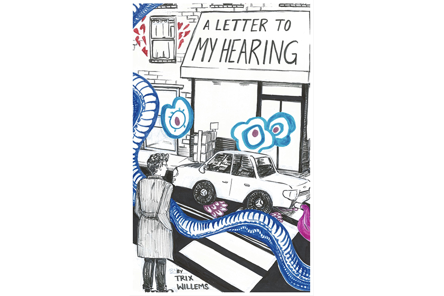 Title page: "A Latter to my Hearing," an illustrated crosswalk with a person standing in black in white; flourishes emerging in color marker. 