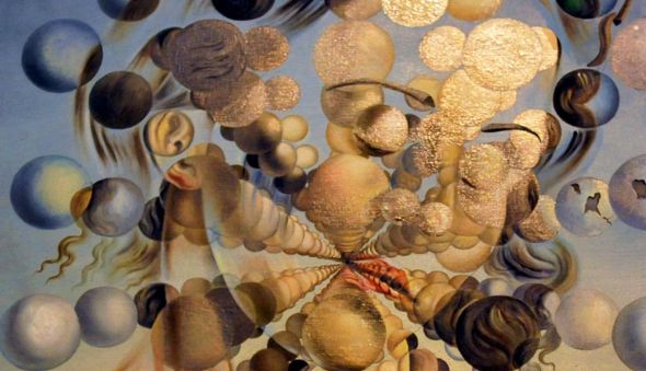 A Dalí painting depicting a woman's face made of many colored spheres.