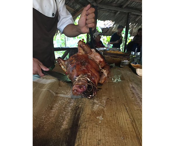A butcher working on a pig with its head facing the camera. 