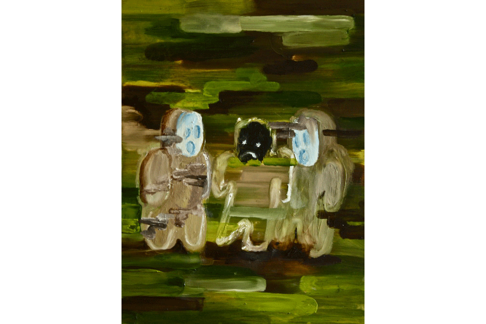 Oil painting titled "A Couple of Guys": Three figures grouped together on a green camo background.