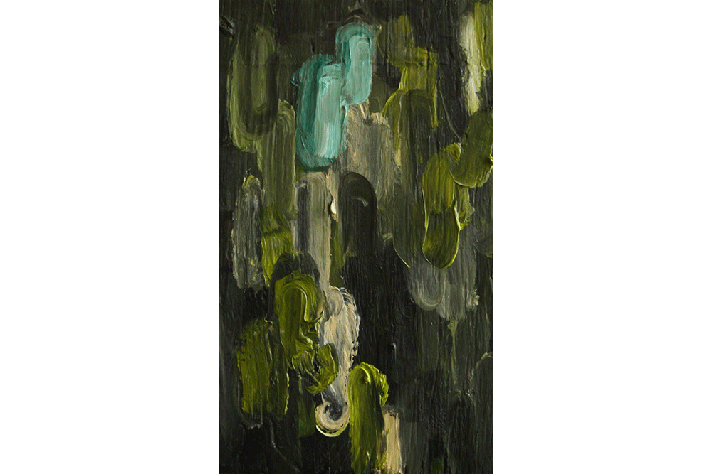 Oil painting titled "Camo Shapes Plan": vertical strokes of paint in shades of green.