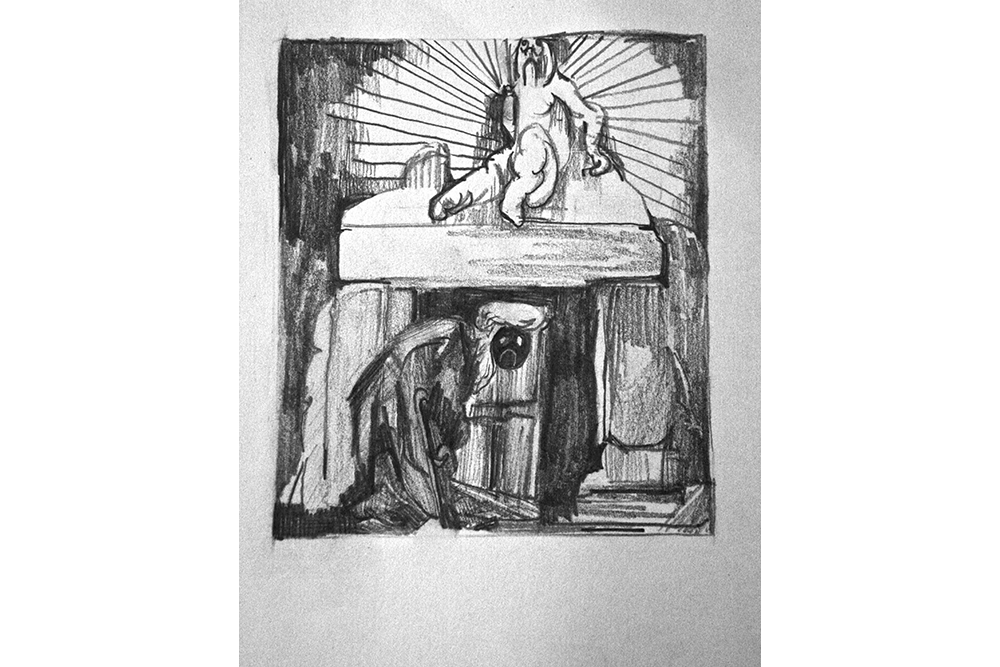 Drawing with pencil on white paper titled "Death's Door (after William Blake’s Death's Door etching)": unhappy figure huddled under a structure with an unhappy figure sitting on it,