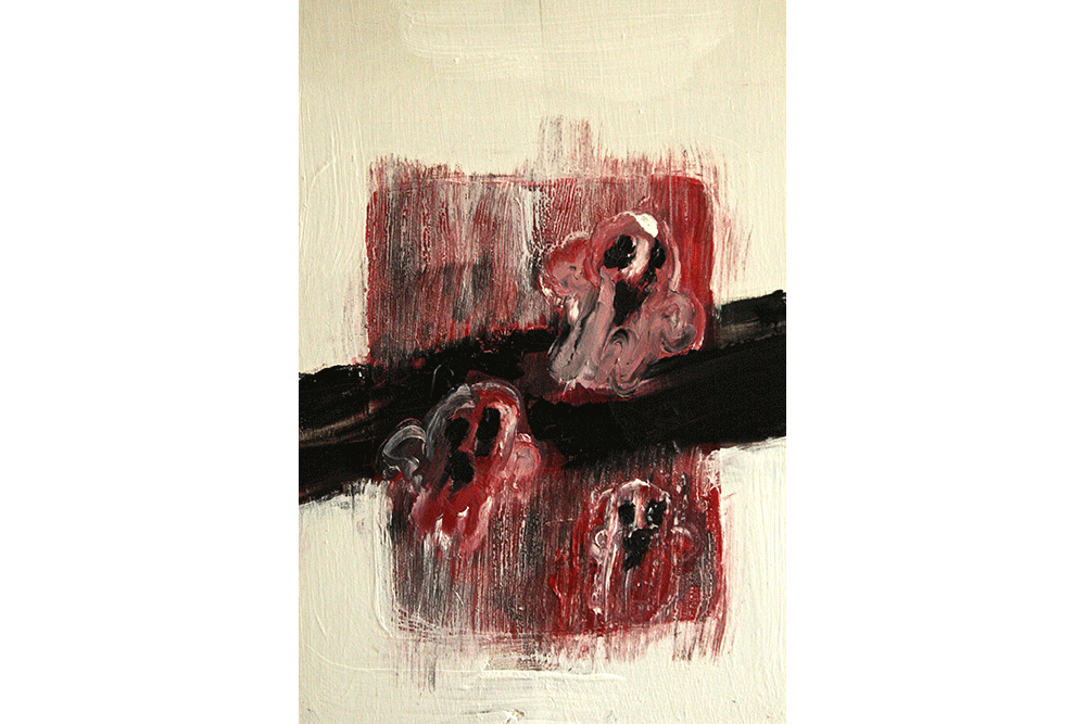 Oil painting on wood titled "Images of the Invisible Bods": ghost figures on a white background with a red square and a black stripe. 