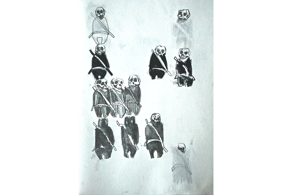Drawing on white paper titled "Safety Suits Plan": skeleton figures in small groups in seatbelts. 