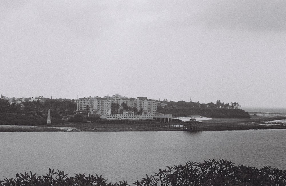 Building of living complexes on a coast (in black and white). 