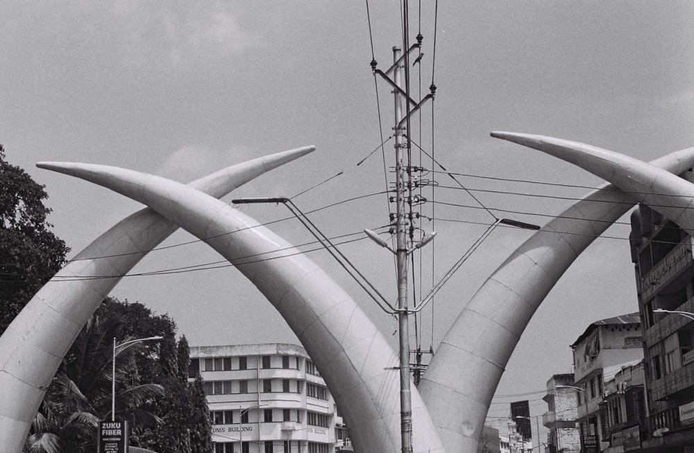 Large horn sculptures under telephone poles and wires. 