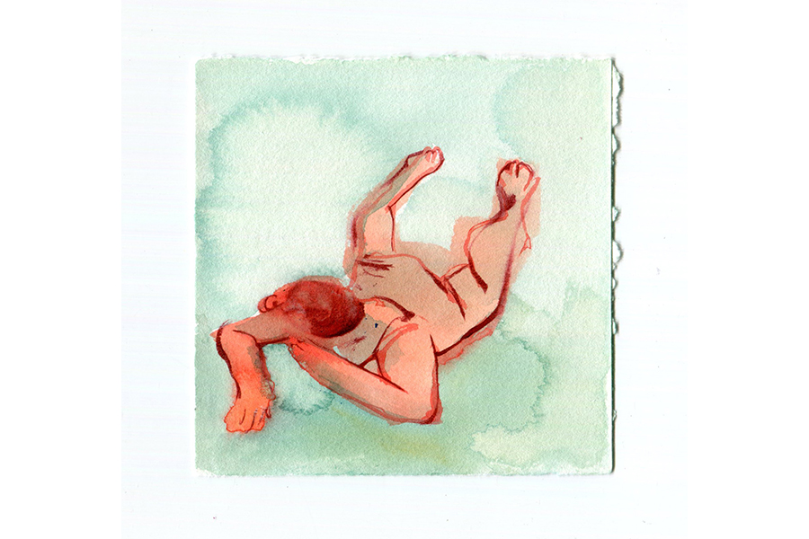 A figure in red, prone, floats among a light teal background. The figure is abstracted by the watered down brushstrokes.
