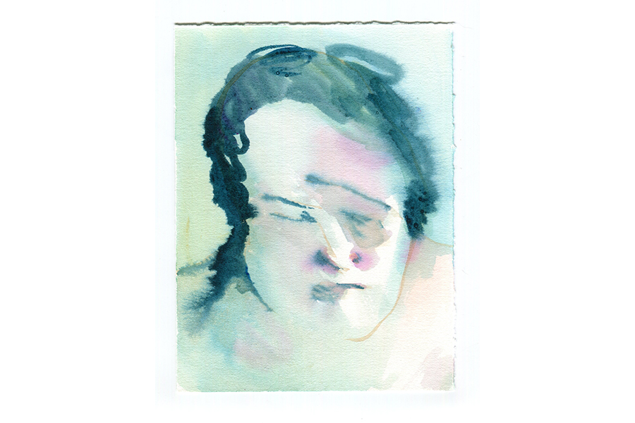 A portrait of the artist's Mother, her face distorted and blurry as if underwater, painted in a light teal with hints of pink.