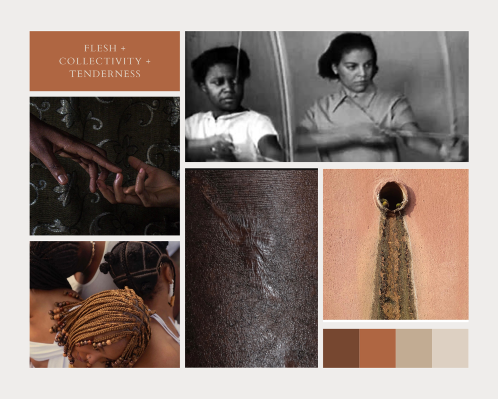 A collage of brown hands touching, two black women archers, a scar, three people resting their heads on each other's shoulders, brown colors from dark to beige and the words 'Flesh + Collectivity + Tenderness"