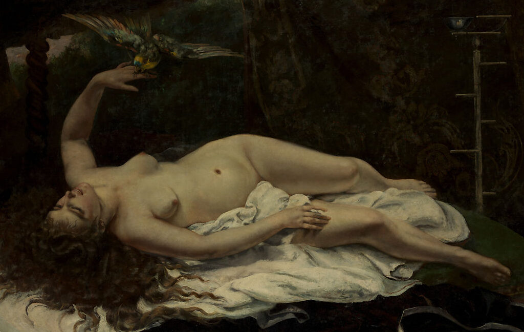 Woman lying naked in bed, holding a parrot