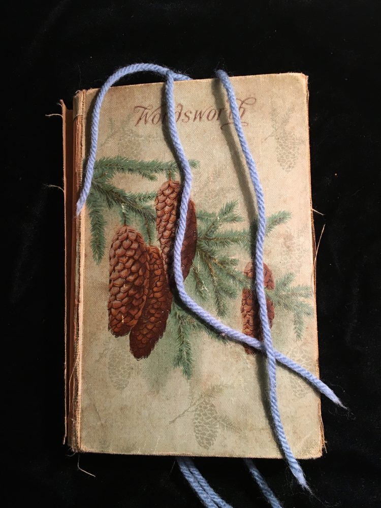 Poems of Wordsworth, now with three pieces of periwinkle string used as a bookmark. 