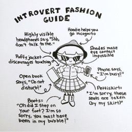 "Introvert Fashion Guide" with items such as: hoodie, highly visible headphones, books, pettiskirts, etc. 