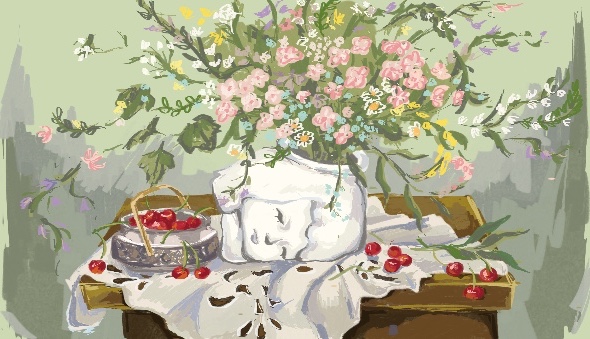still life illustration of a basket of cherries and a vase in the shape of a head full of pink, blue, yellow, purple, and white flowers