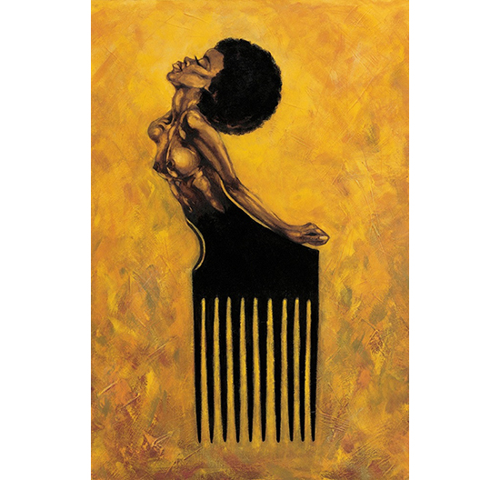 The form of a woman with an afro, head arched back, with the legs of an afro pick. 
