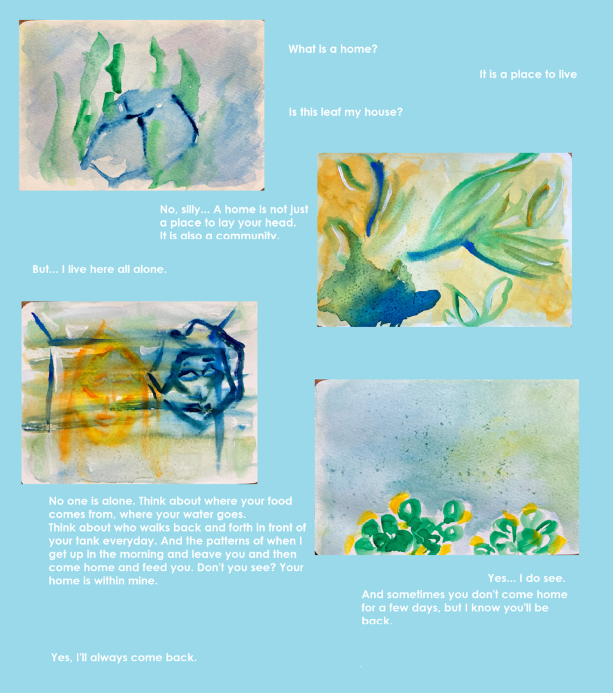 A series of watercolor paintings alongside text of a conversation between Lia and her fish.